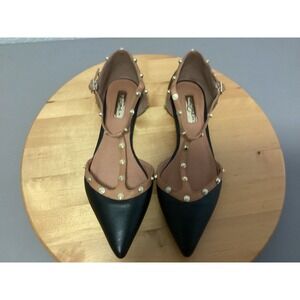 Halogen Womens Studded T-Strap Pointed Toe Flats Black Tan Leather Size 8M